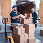 Amazon logo with text "One day delivery progress report" on a background of packages being delivered quickly.